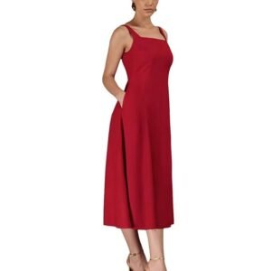 FableStreet Women Workwear Dress | Fit & Flare Midi Sleeveless Square Neck Solid Design | Breathable Viscose Rayon Fabric with Pockets for Office & Casual Outings